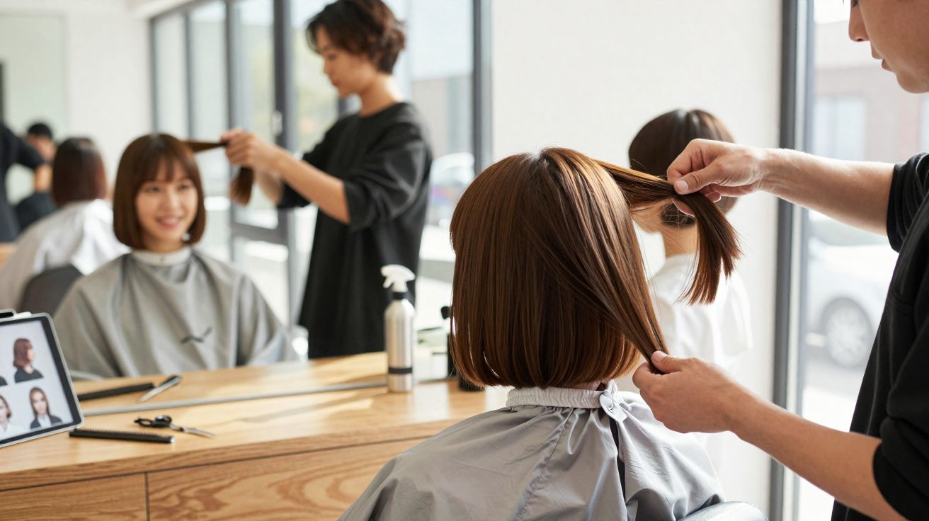 Kapper knipt rechte bobkapsel van vrouw in moderne salon met grote ramen en spiegel.