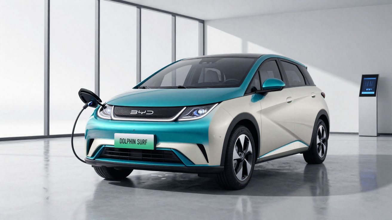 Elektrische BYD Dolphin Surf auto in showroom opgeladen, modern design met blauwe en witte kleur.