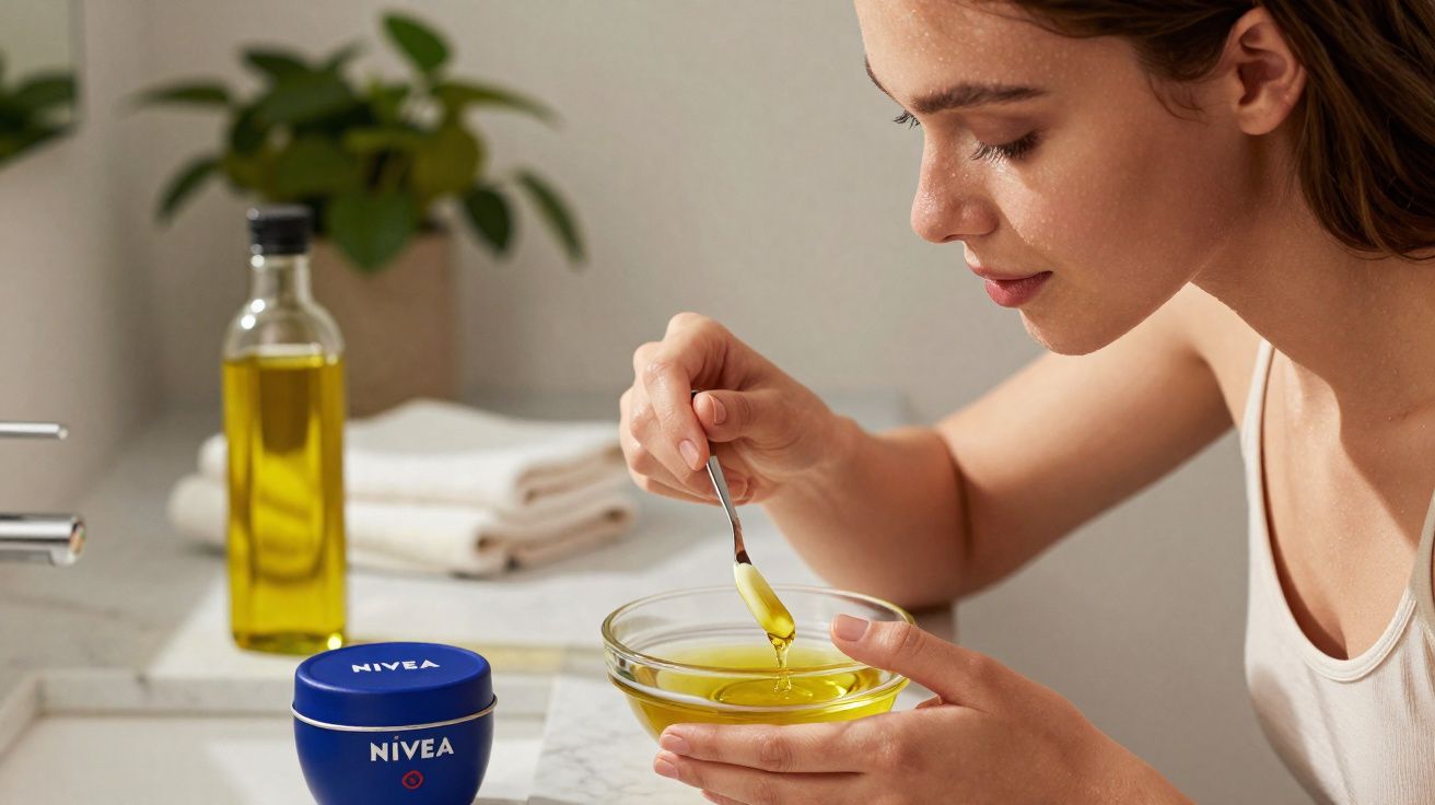 Vrouw die olie in een glazen kom doet met een lepel, Nivea-creme en olie op badkamerblad.