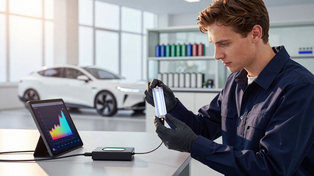 Een man onderzoekt een batterijcel in een laboratorium met een tablet en een elektrische auto op de achtergrond.