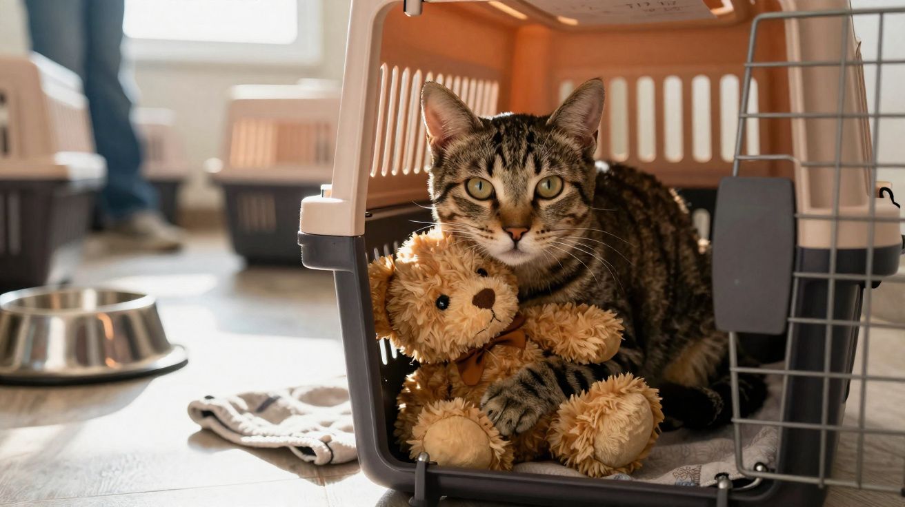 Kat zit in een dierenmand en houdt een knuffelbeer vast, op de achtergrond is een hondenvoerbak zichtbaar.