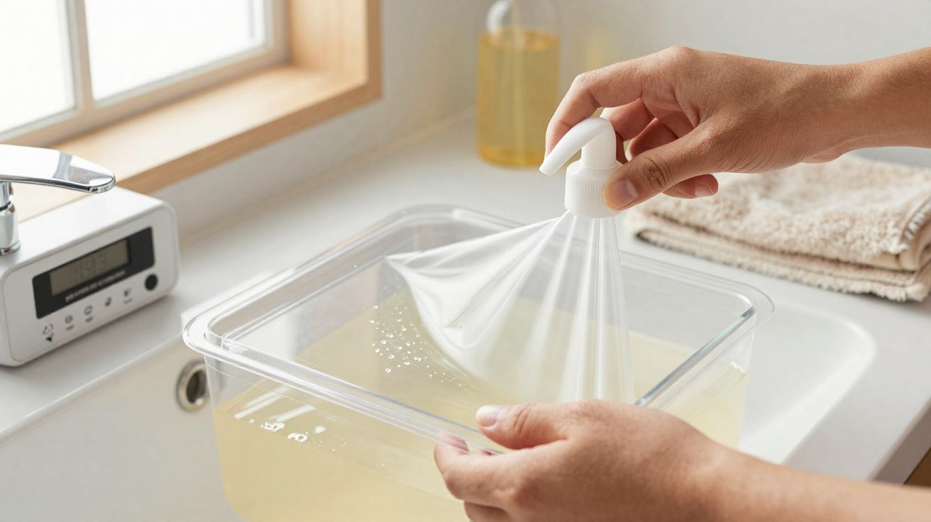Handen die een vacuümdeksel van een plastic bak met vloeistof trekken in een keuken aanrecht.