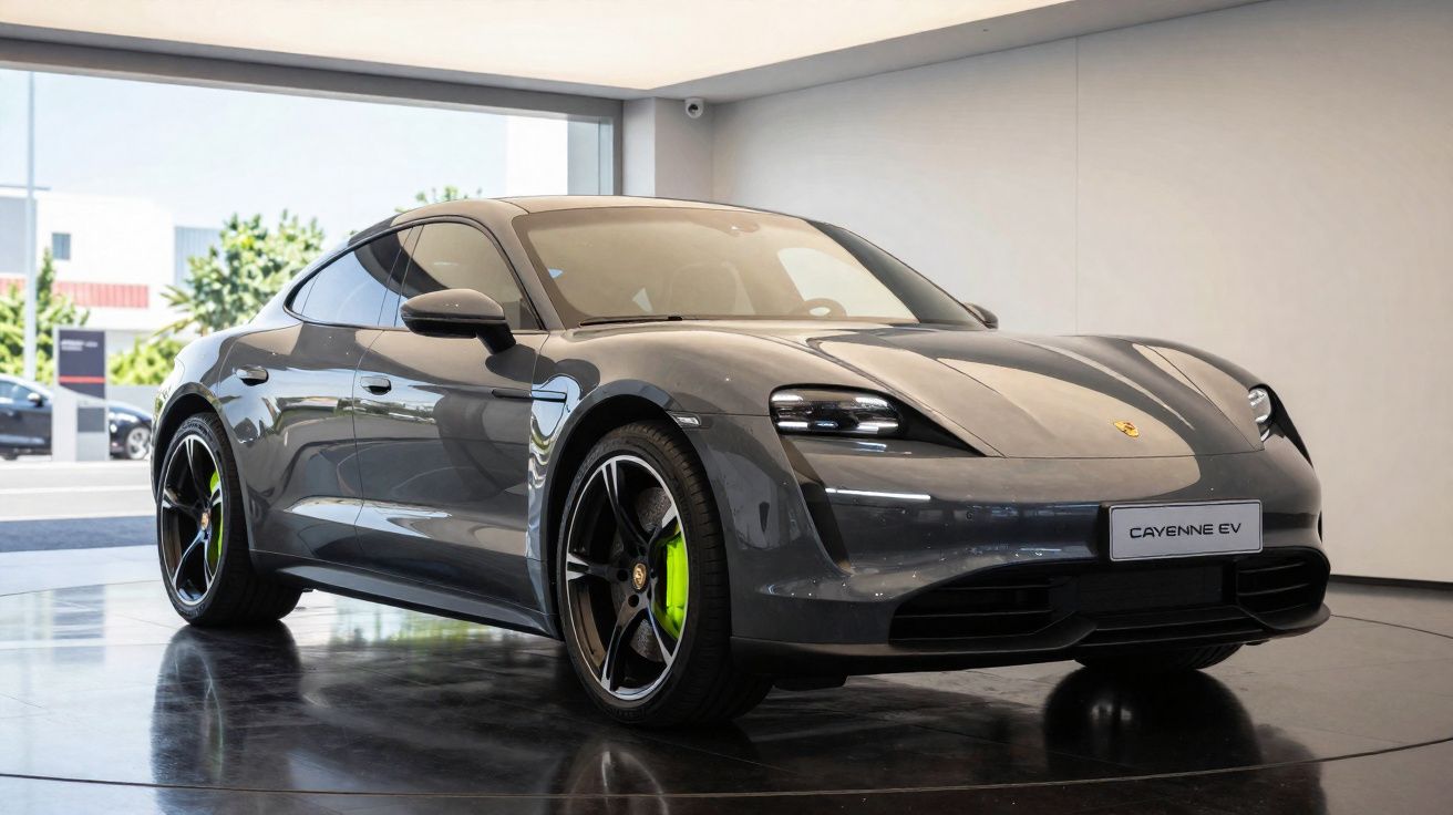 Grijze Porsche Taycan elektrische sportwagen in showroom met glanzende zwarte velgen en groene remklauwen.