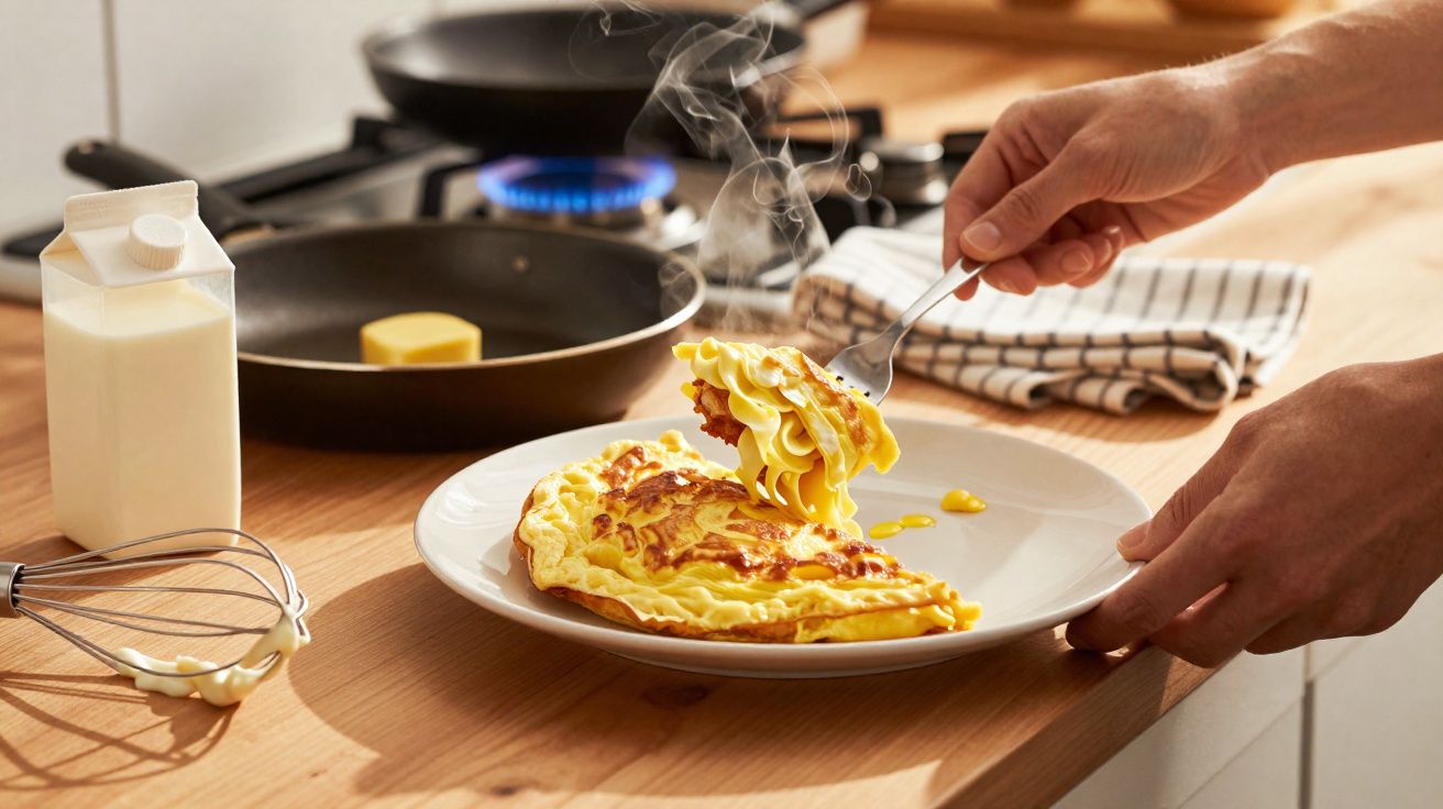 Hand schept een luchtig omelet met een vork op een wit bord, op een houten keukenblad met melk en pan.