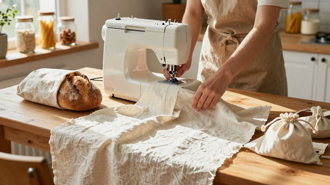 Iemand naait linnen stof op een naaimachine in een keuken met brood en zakjes op tafel.
