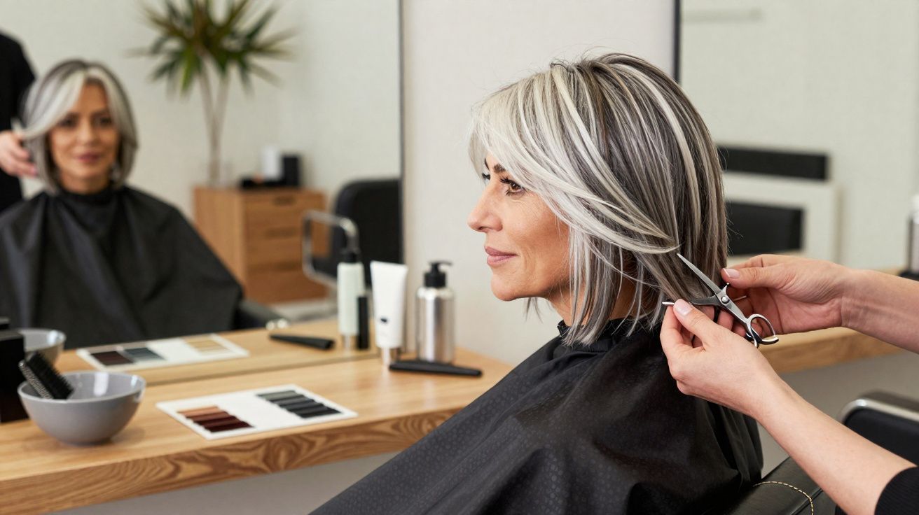 Vrouw met kort grijs haar krijgt een knipbeurt bij de kapper, zittend voor een spiegel.