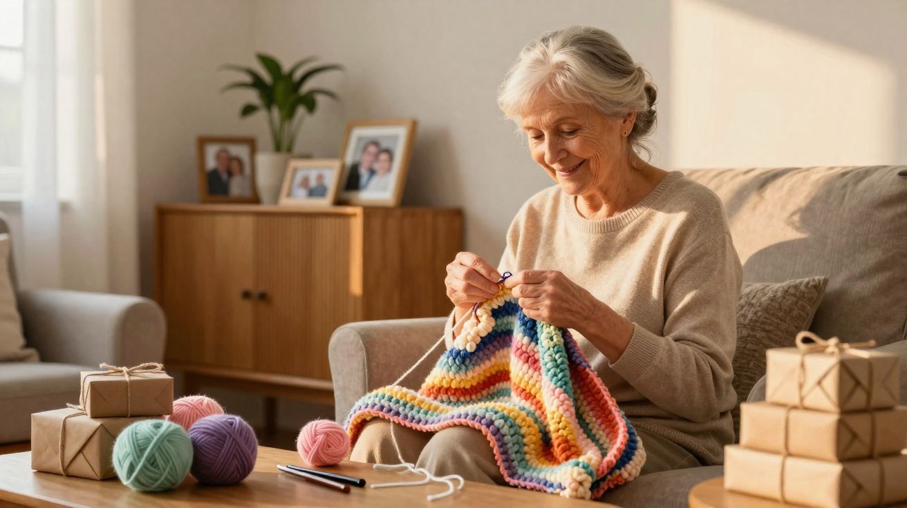 Oudere vrouw breit kleurrijke deken terwijl ze op de bank zit in een gezellige woonkamer.