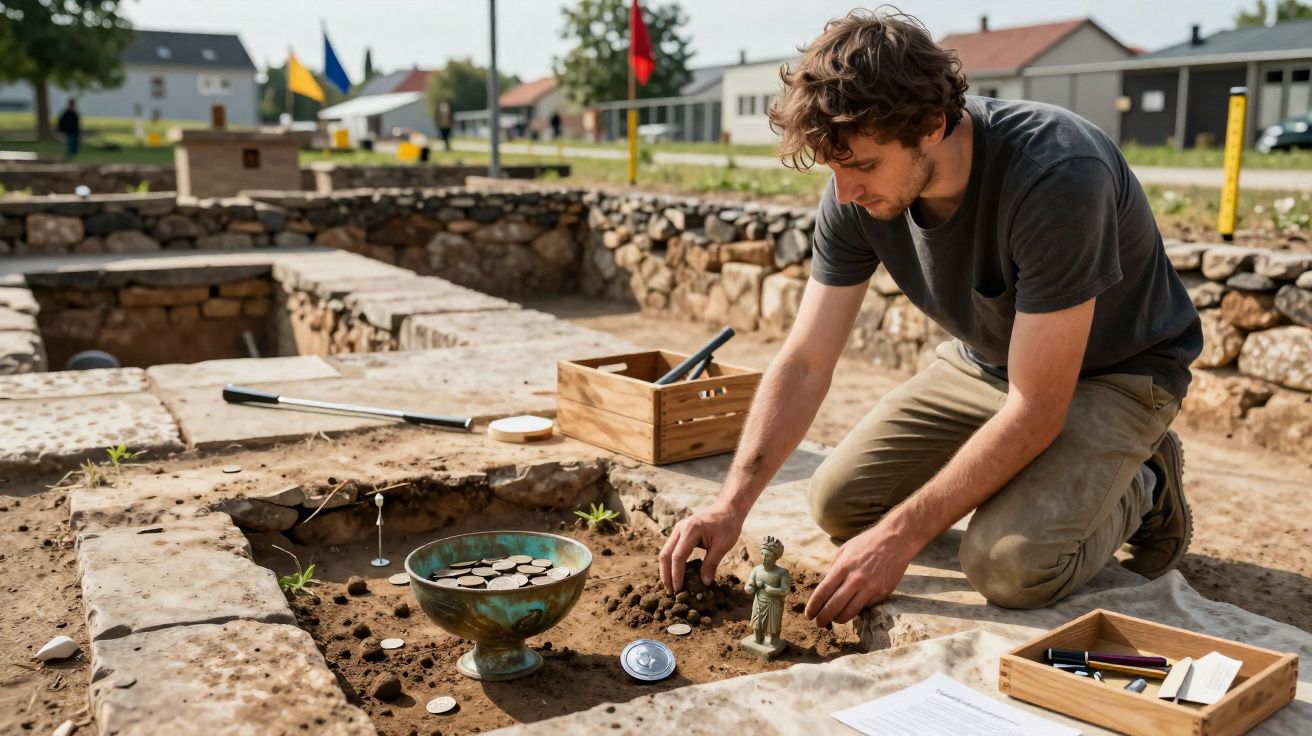 Archeoloog onderzoekt en ordent oude munten en een beeldje op een opgravingssite bij zonnig weer.
