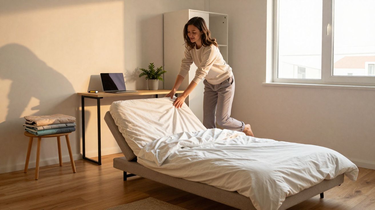 Vrouw maakt een bed op in een lichte kamer met laptop op bureau en gestapelde kleding op een kruk.