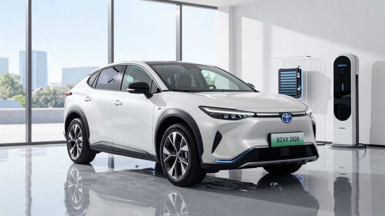 Witte Toyota elektrische SUV geparkeerd in moderne ruimte met laadstation en groot raamzicht.
