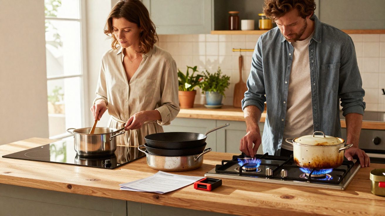 Man en vrouw koken samen in een lichte, moderne keuken met pannen op een gas- en inductiekookplaat.