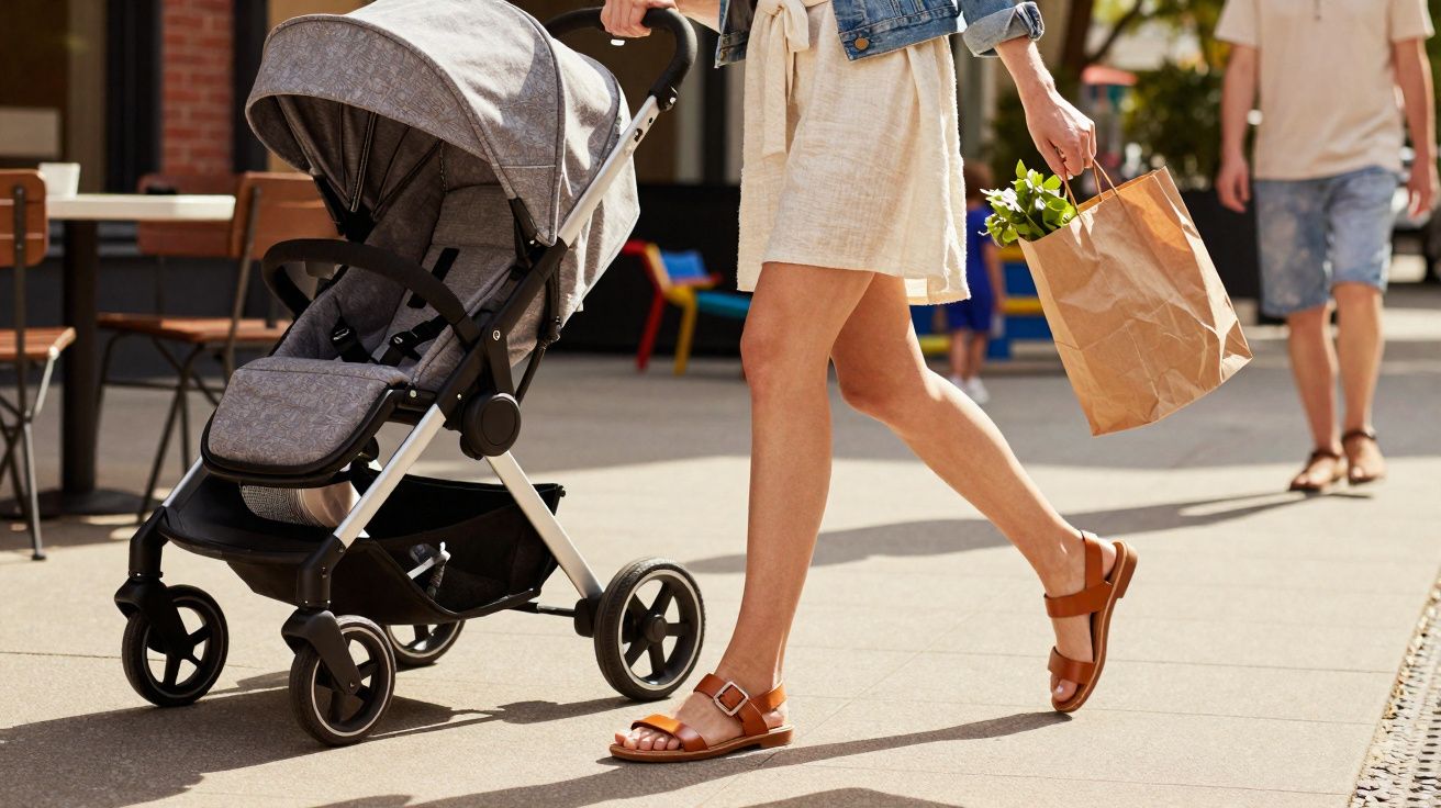 Vrouw duwt lege kinderwagen en draagt papieren zak tijdens wandeling in zonnige straat met cafés.