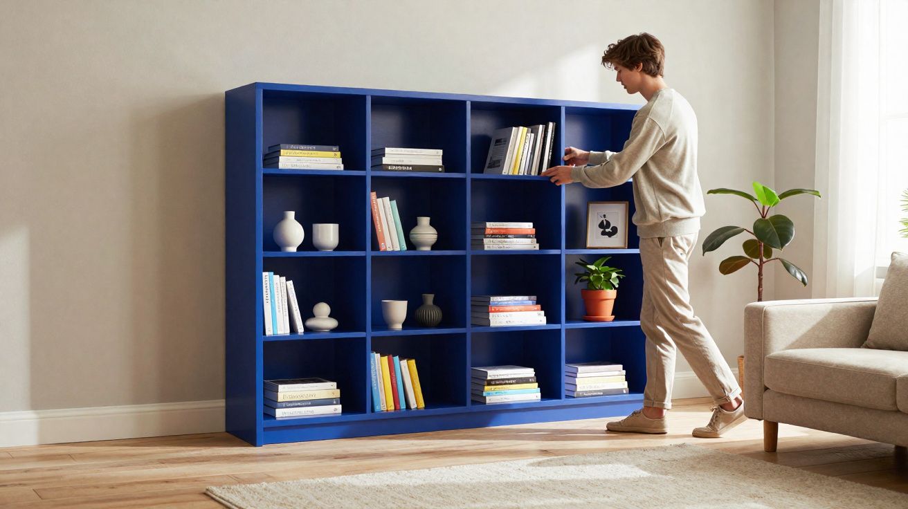 Persoon ordent boeken in een grote blauwe boekenkast in een lichte, moderne woonkamer.