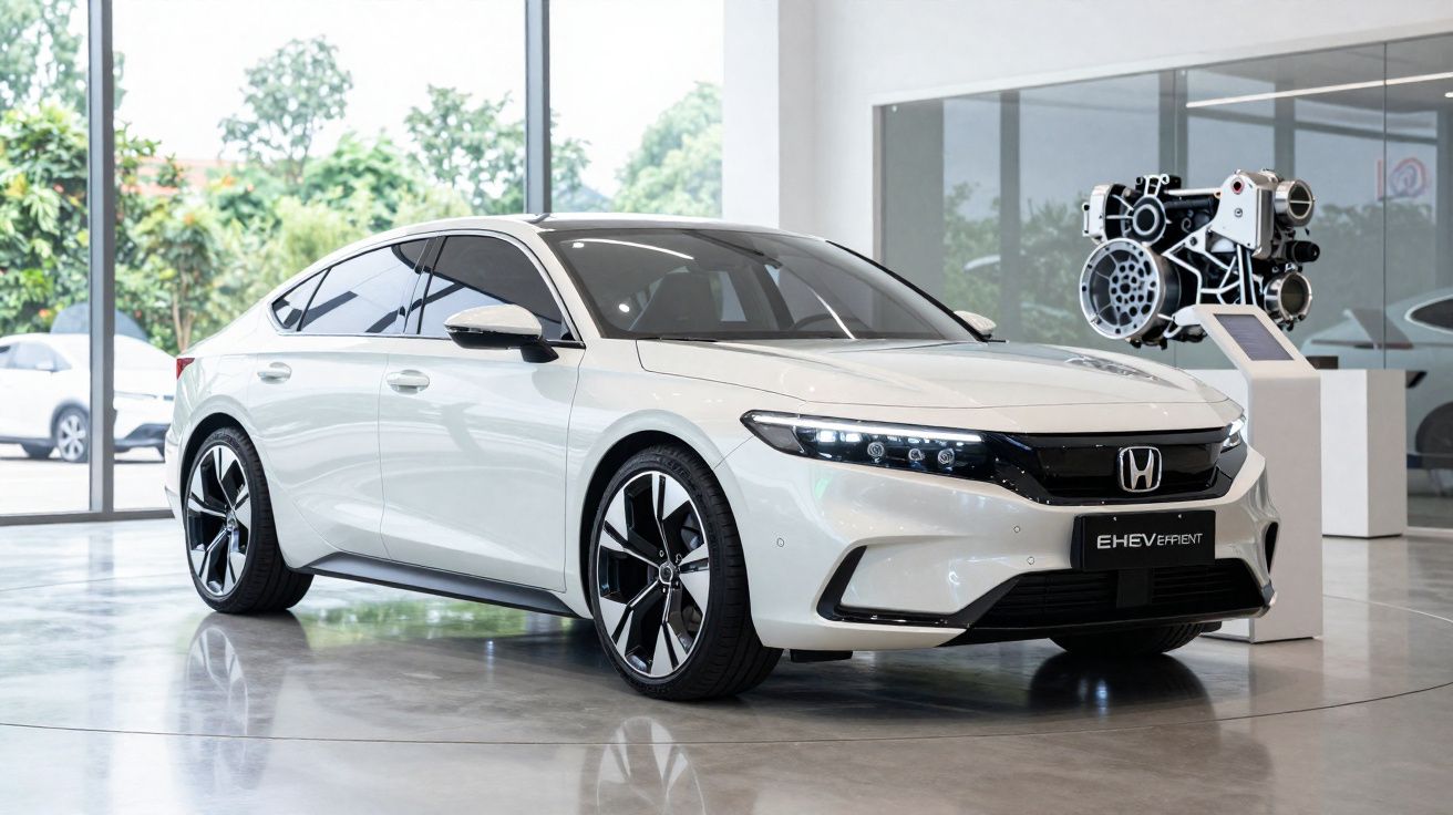 Witte Honda EHEV Efficient sedan in showroom met gladde vloer en motormodel op achtergrond.