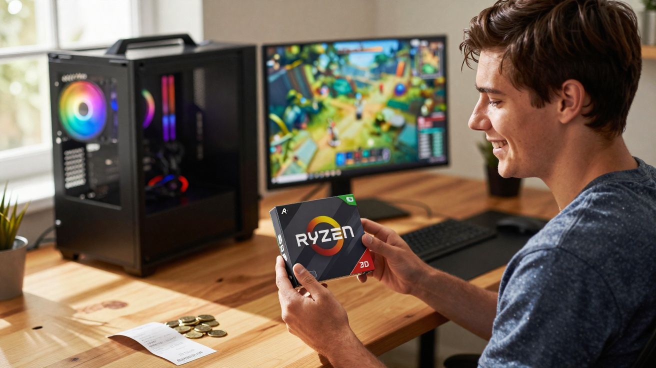 Jonge man houdt AMD Ryzen 3D processordoos vast bij gaming-pc met kleurrijke ventilator en gameplay op scherm.