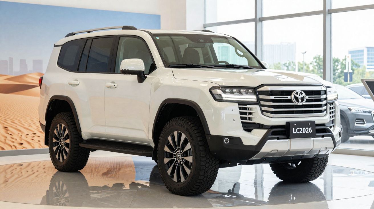 Witte Toyota Land Cruiser LC2026 suv met zwarte accenten in showroom, naast raampartij met stadszicht.