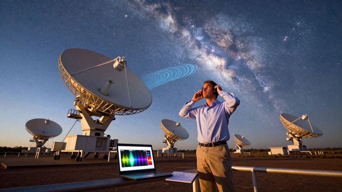 Man met koptelefoon bij satellietschotels onder sterrenhemel met melkweg zichtbaar.