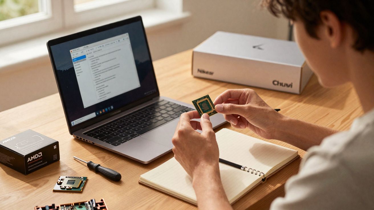 Persoon bekijkt een computerchip aan bureau met laptop, schroevendraaier en notitieboek.