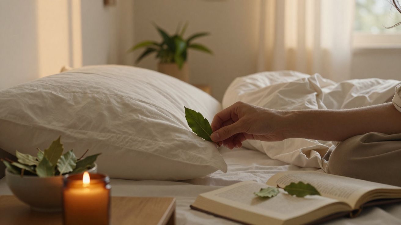 Hand plaatst een groen blad tussen de pagina's van een open boek op een bed met kussen, sfeerlicht en plant.