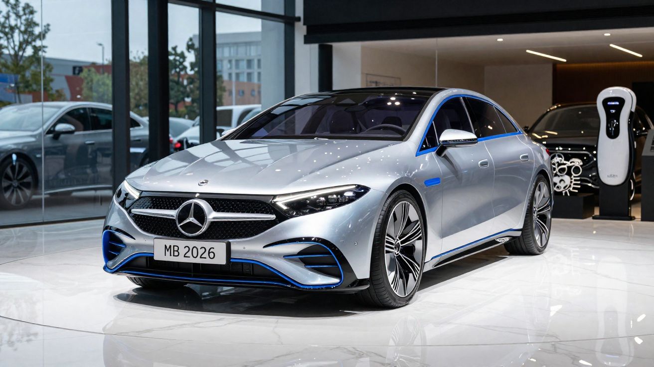 Zilveren Mercedes elektrische sedan in showroom met glanzende vloer en grote ramen op achtergrond.