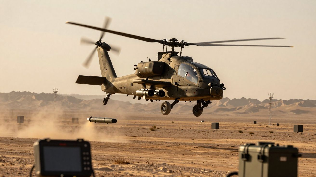 Militaire gevechtshelikopter die raket lanceert boven een woestijnlandschap met bergen op achtergrond.