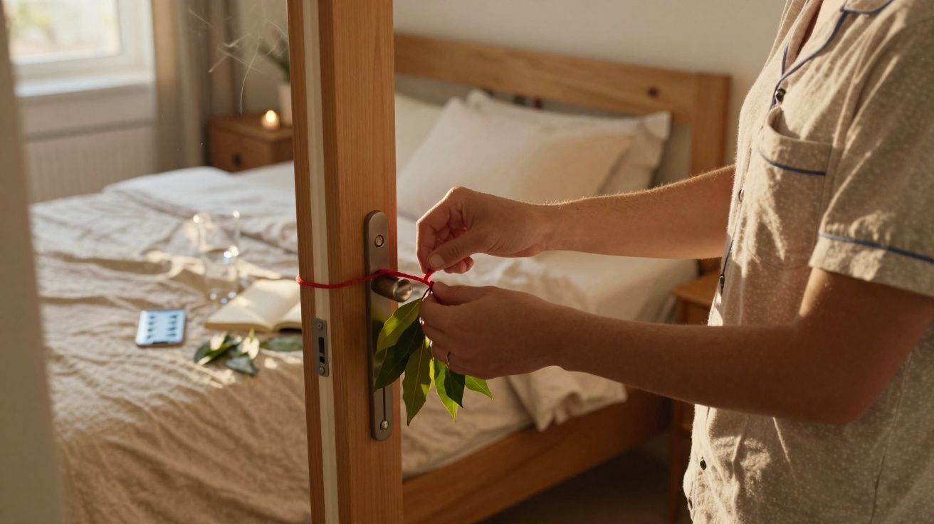 Persoon knoopt een rood touw met groene bladeren rond een deurklink van een slaapkamer.