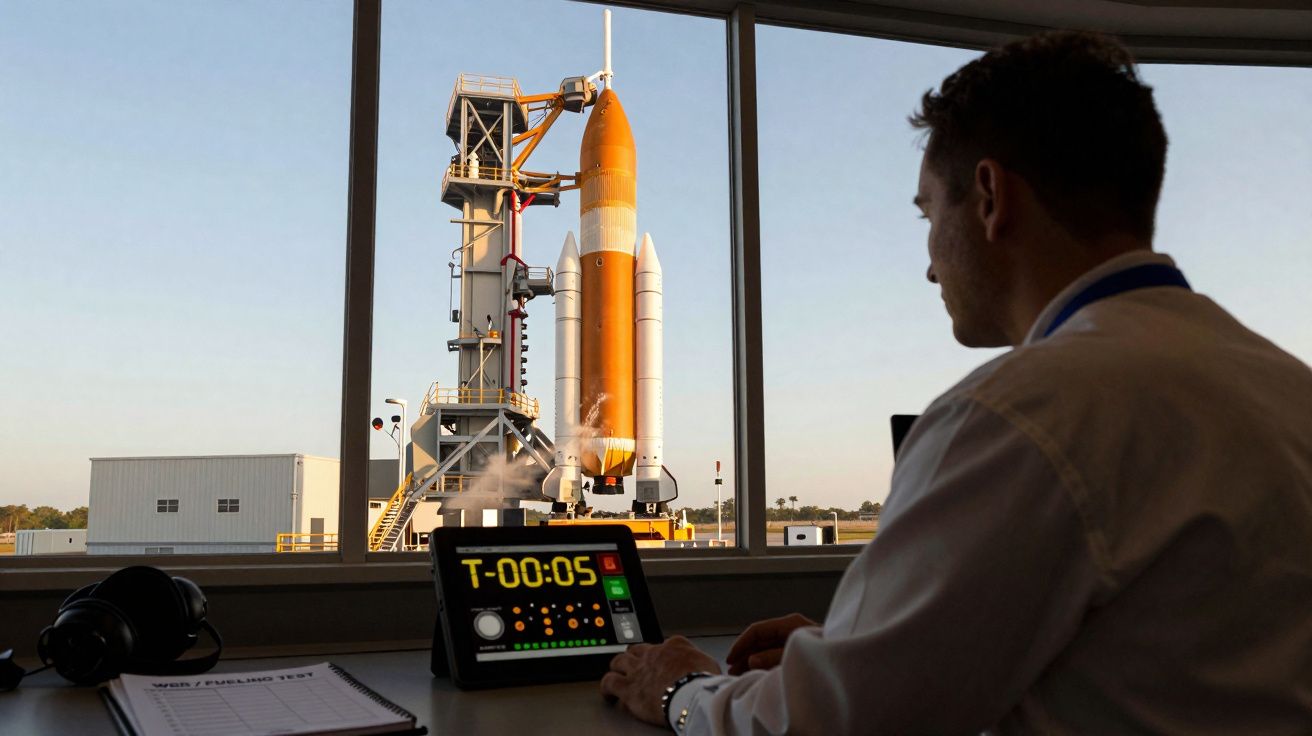 Man bekijkt lanceerplatform met raket, countdown op scherm toont 5 seconden tot lancering.