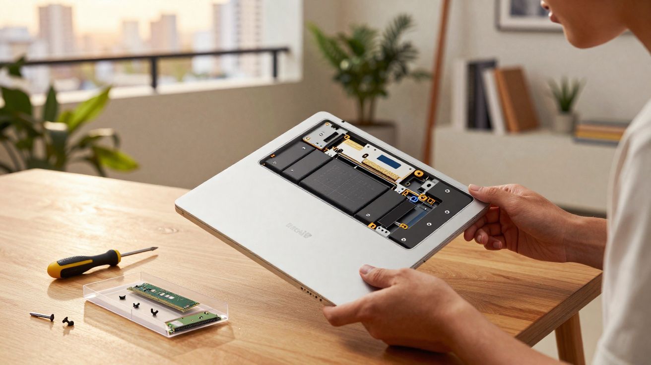 Persoon die achterkant van een tablet opent dichtbij gereedschap en onderdelen op houten tafel.