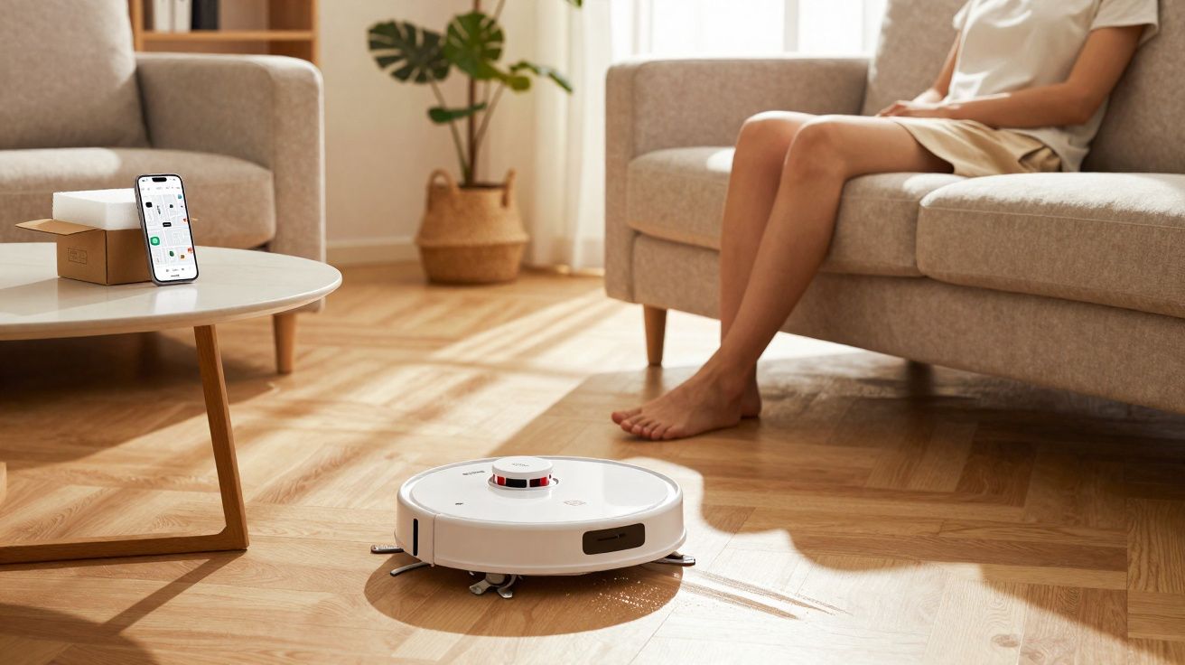 Robotstofzuiger die houten vloer schoonmaakt in lichte woonkamer met zittend persoon op sofa.