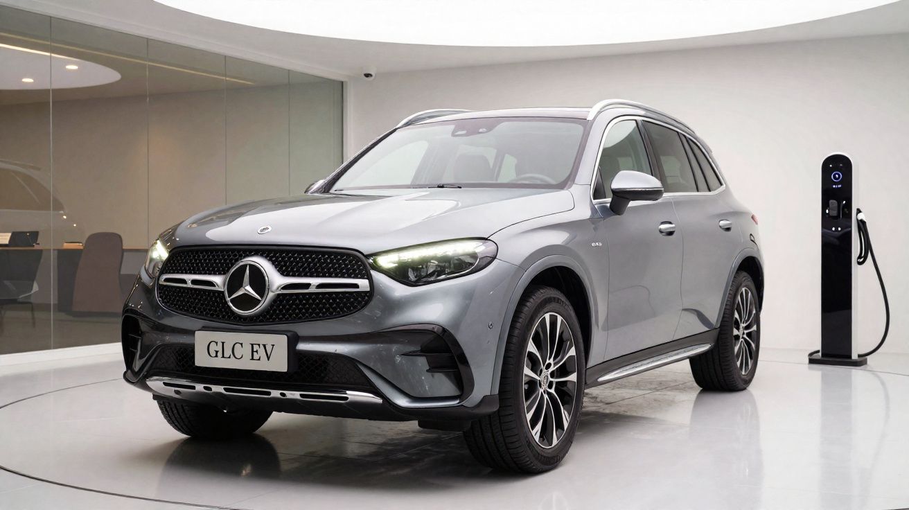 Grijze Mercedes-Benz GLC EV elektrische SUV voor een oplaadpaal in een moderne showroom.