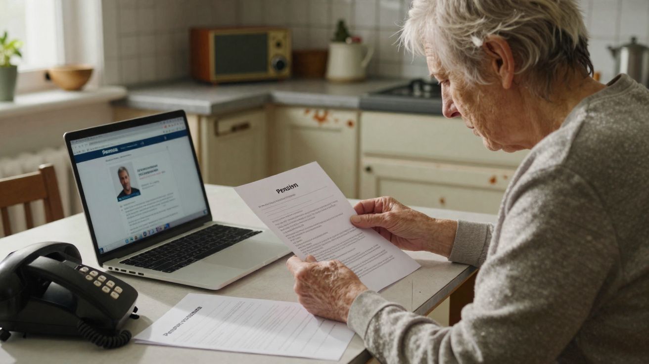 Oudere vrouw leest pensioeninformatie aan tafel met laptop en telefoon in een keuken.