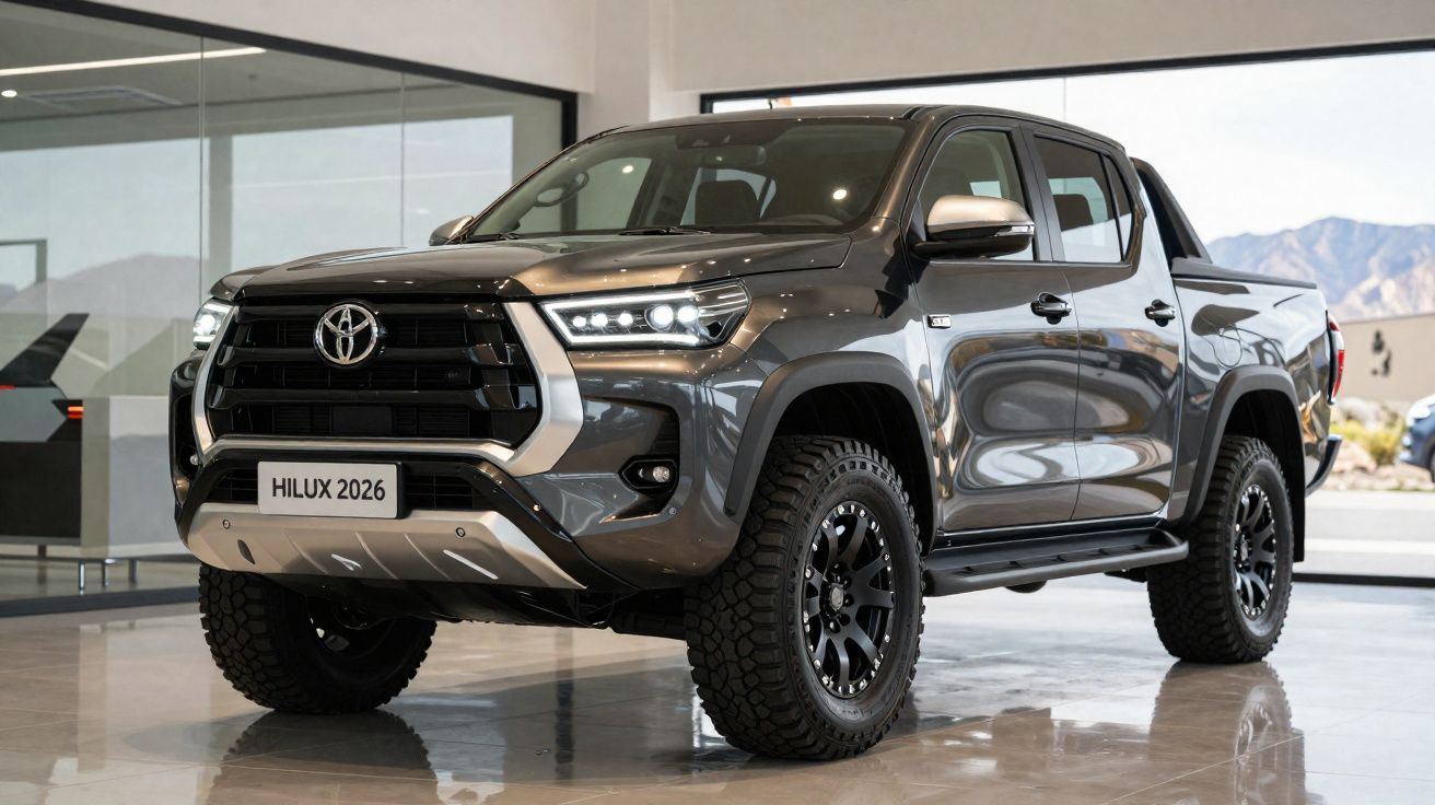 Donkere Toyota Hilux 2026 pickup truck met robuuste banden geparkeerd in een showroom.