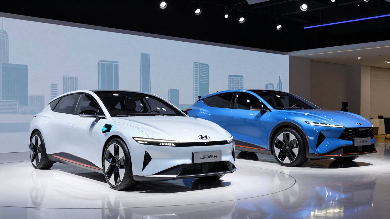 Twee moderne elektrische Hyundai auto’s in wit en blauw op een tentoonstelling met stadsachtergrond.