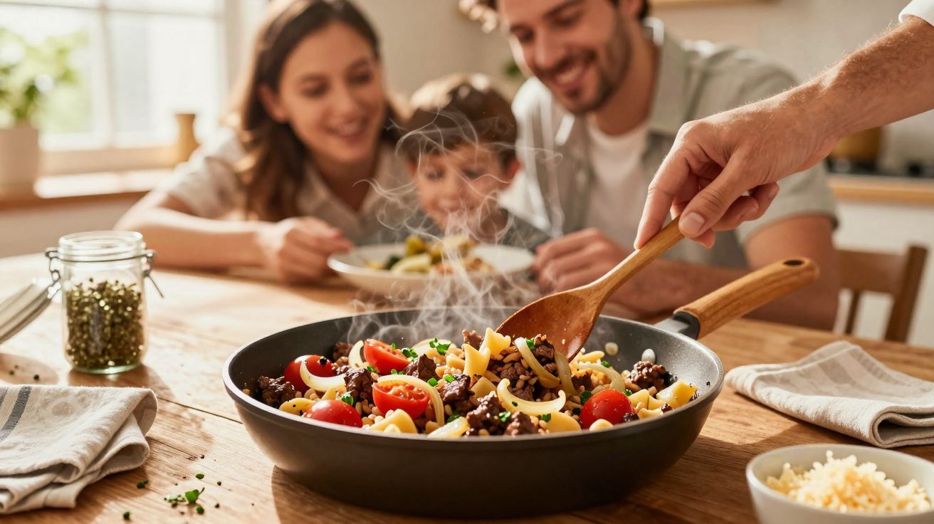 Gezin geniet samen van een dampende pasta met groenten en gehakt aan eettafel in huiselijke keuken.