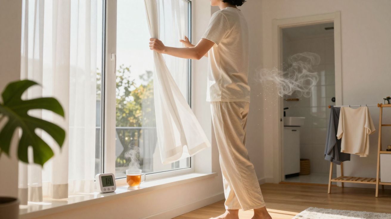 Persoon die ochtendlicht binnenlaat door het openen van lichte gordijnen bij een groot raam in een frisse kamer.