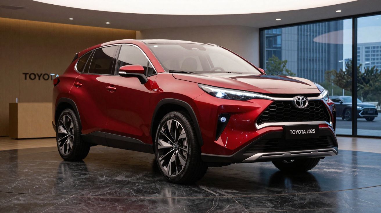 Rode Toyota SUV 2025 model, stijlvol en modern ontworpen, tentoongesteld in een showroom met glazen ramen.