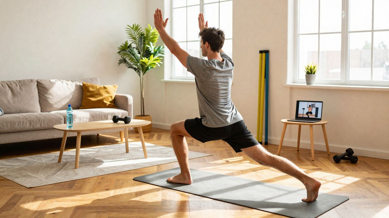 Man doet yogaoefening thuis op mat, gevolgd door online les op tablet naast raam in lichte woonkamer.