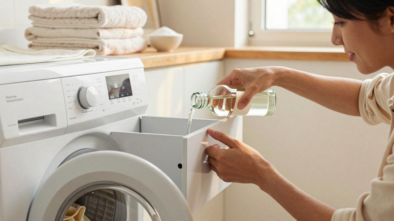 Vrouw giet wasmiddel in het vakje van een witte wasmachine in een lichte wasruimte.