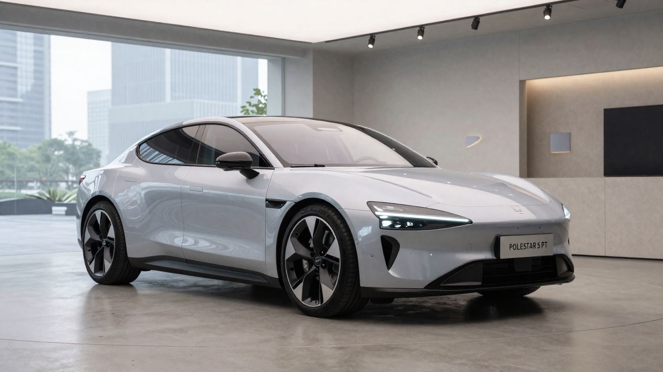 Zilveren elektrische Polestar 5 sedan in showroom met moderne glazen gevel en stedelijke achtergrond.