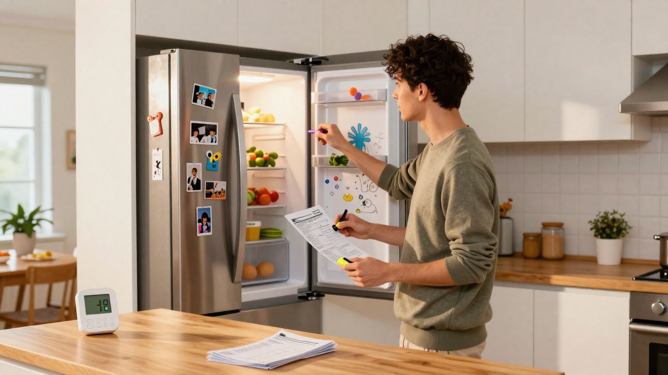Jongeman bekijkt inhoud koelkast en maakt aantekeningen in moderne keuken met houten werkblad.