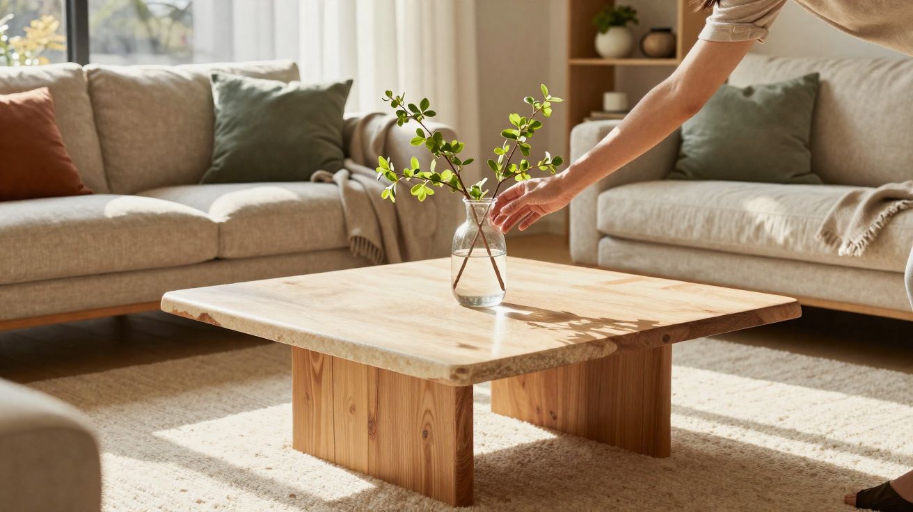 Hand die glazen vaas met groene takken op een houten salontafel in een lichte zithoek plaatst.