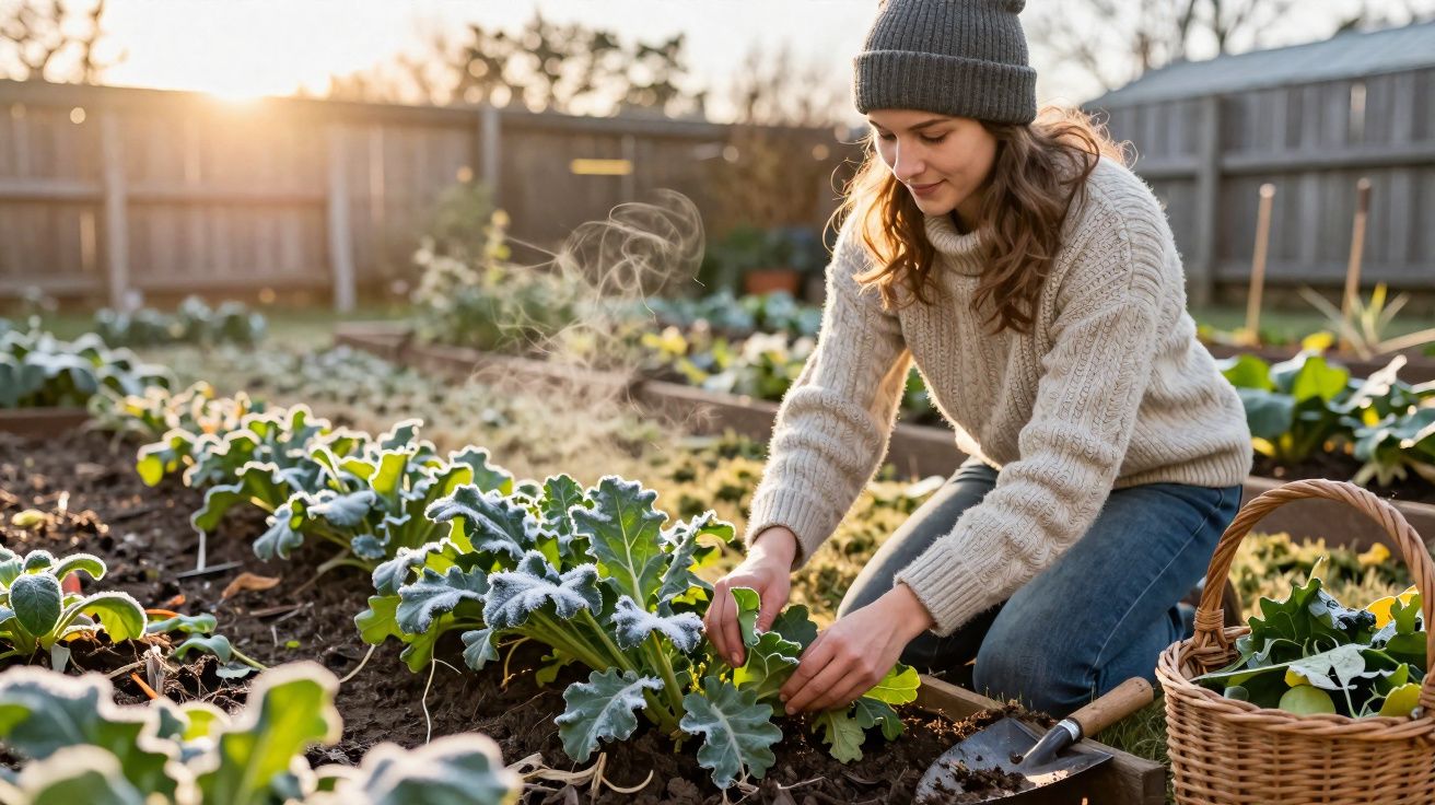 Vrouw met muts oogst versgroene groenten in tuin met moestuinbakken bij zonsopgang.