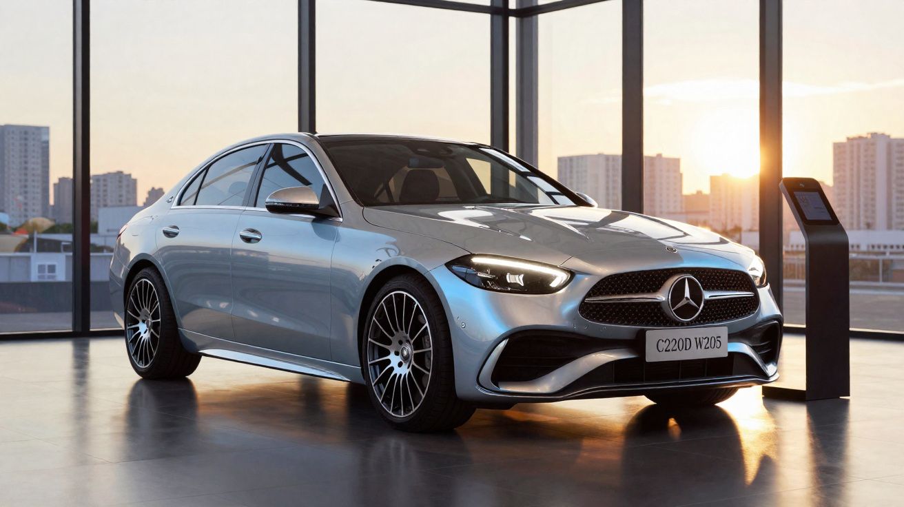 Zilverkleurige Mercedes-Benz C220D W205 geparkeerd in modern showroom met stadszicht bij zonsondergang.