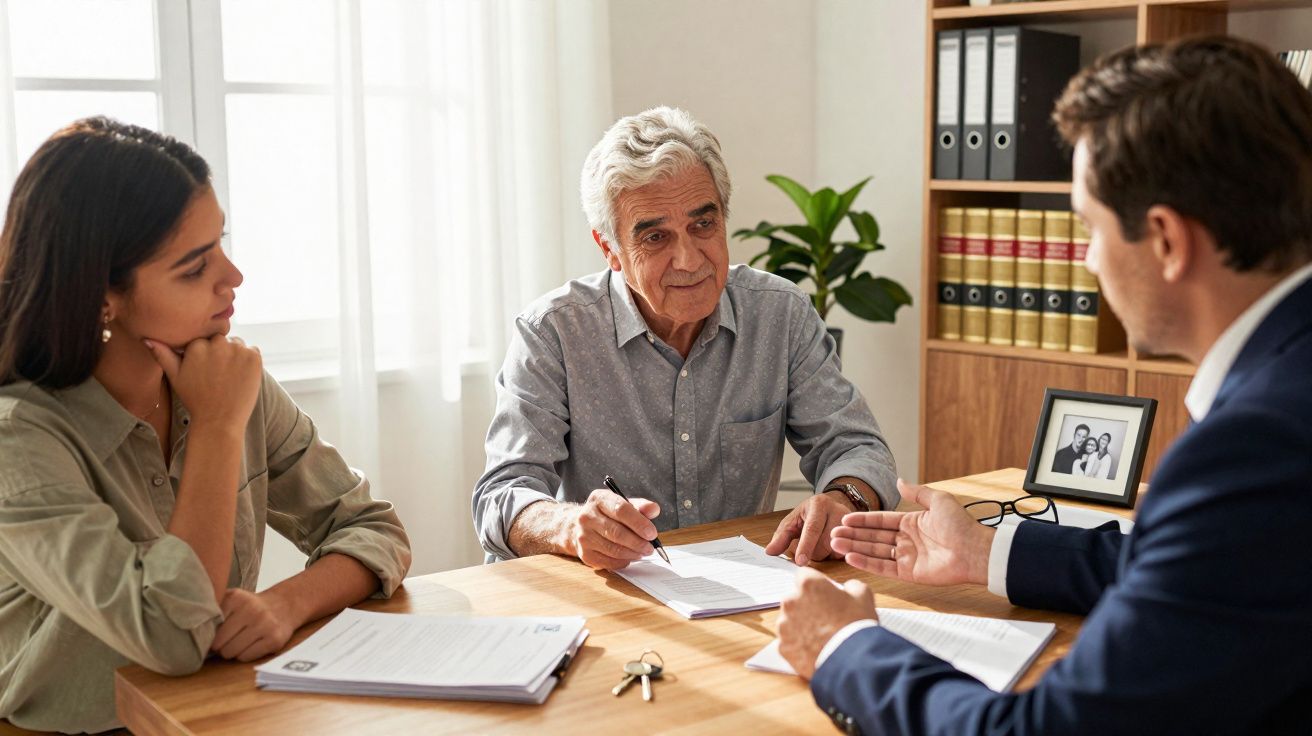 Drie mensen bespreken documenten aan een bureau, mogelijk bij een juridisch of financieel gesprek.