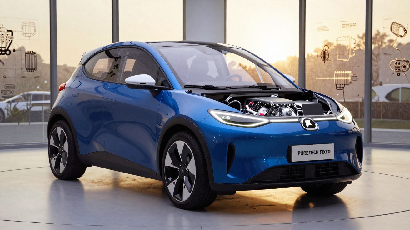 Blauwe elektrische auto met open motorkap in een moderne showroom met glazen achterwand.