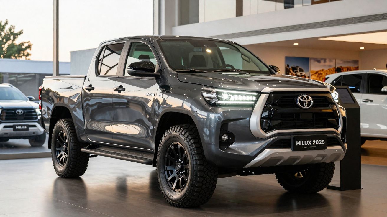 Nieuwe Toyota Hilux 2025 pick-up truck in grijs, gepresenteerd in showroom met LED-koplampen aan.