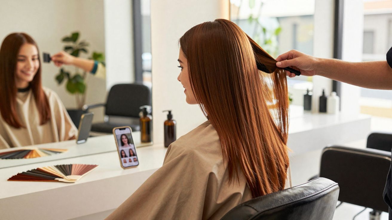 Vrouw met lang kastanjebruin haar in kapsalon, stylist borstelt haar terwijl ze in de spiegel lacht.
