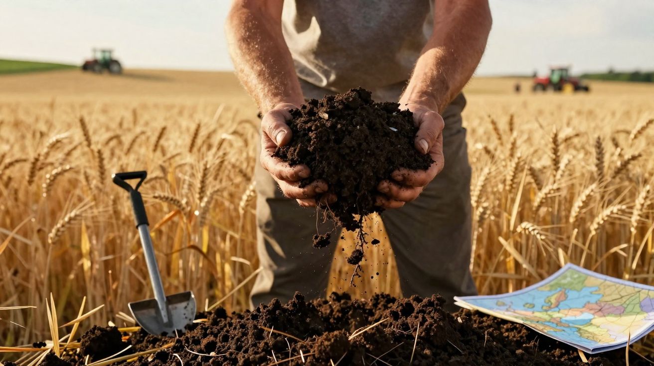Boer toont vruchtbare grond in handen op een akker met graan, schop en kaart op de grond.