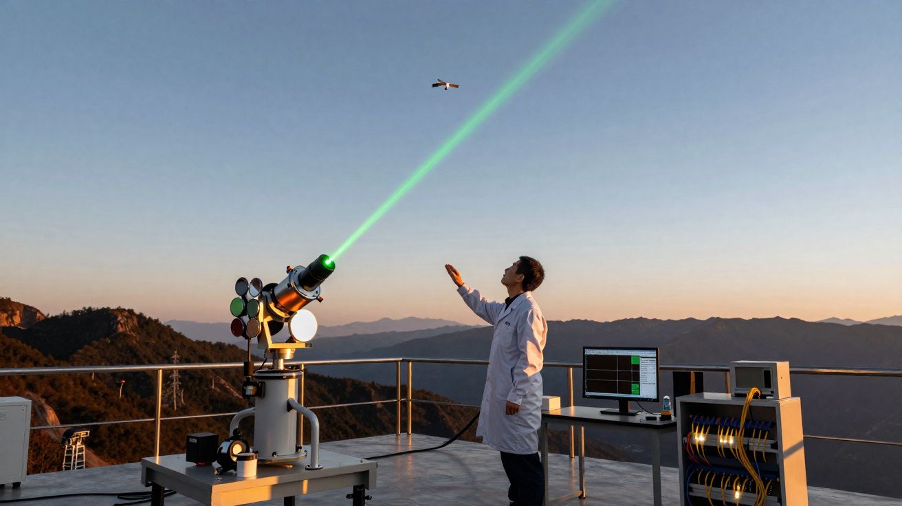 Wetenschapper in labjas richt groene laserstraal op een vliegend insect bij zonsondergang op bergtop observatorium.