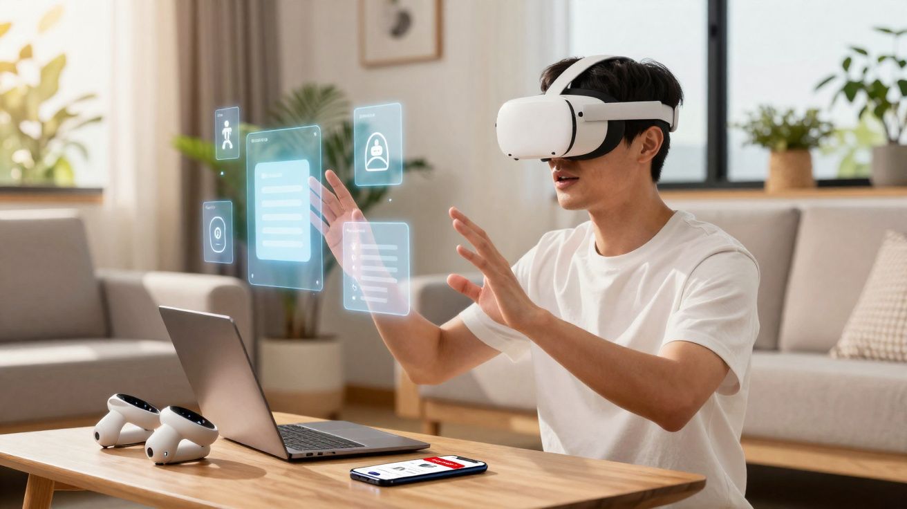 Jonge man die virtuele werkelijkheid verkent met VR-bril en digitale schermen in een woonkamer.